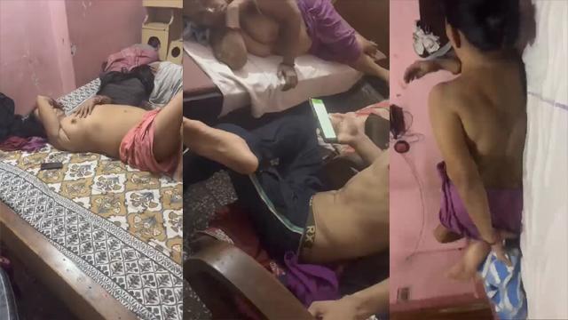 Aunty Boobs Fully Visible Lying On Bed With Kids